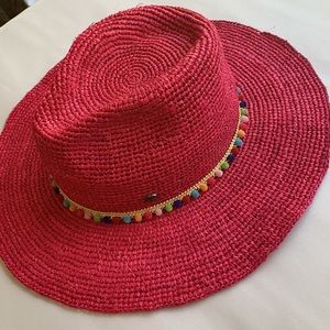 Capo Giro Firenze 100% Raffia Sun Hat in Red Rainbow Pom Pom Trim Made in Italy
